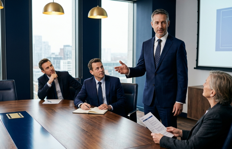 Senior executive opening a high-stakes presentation in a modern boardroom, audience attentive, navy and gold tones, editorial photography style