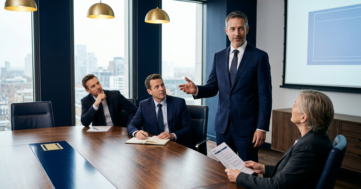 Senior executive opening a high-stakes presentation in a modern boardroom, audience attentive, navy and gold tones, editorial photography style