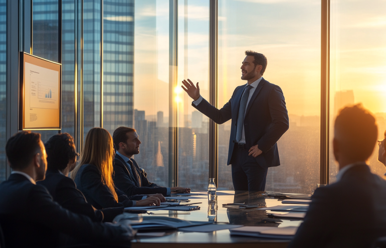 Executive presenting with rhythmic pacing to an engaged boardroom audience in late afternoon, navy and gold corporate aesthetic, modern glass office