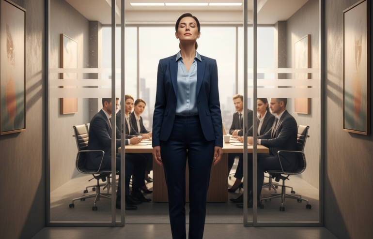 Businesswoman stands in doorway of a glass-walled conference room, with colleagues seated at a long table behind her behind her.