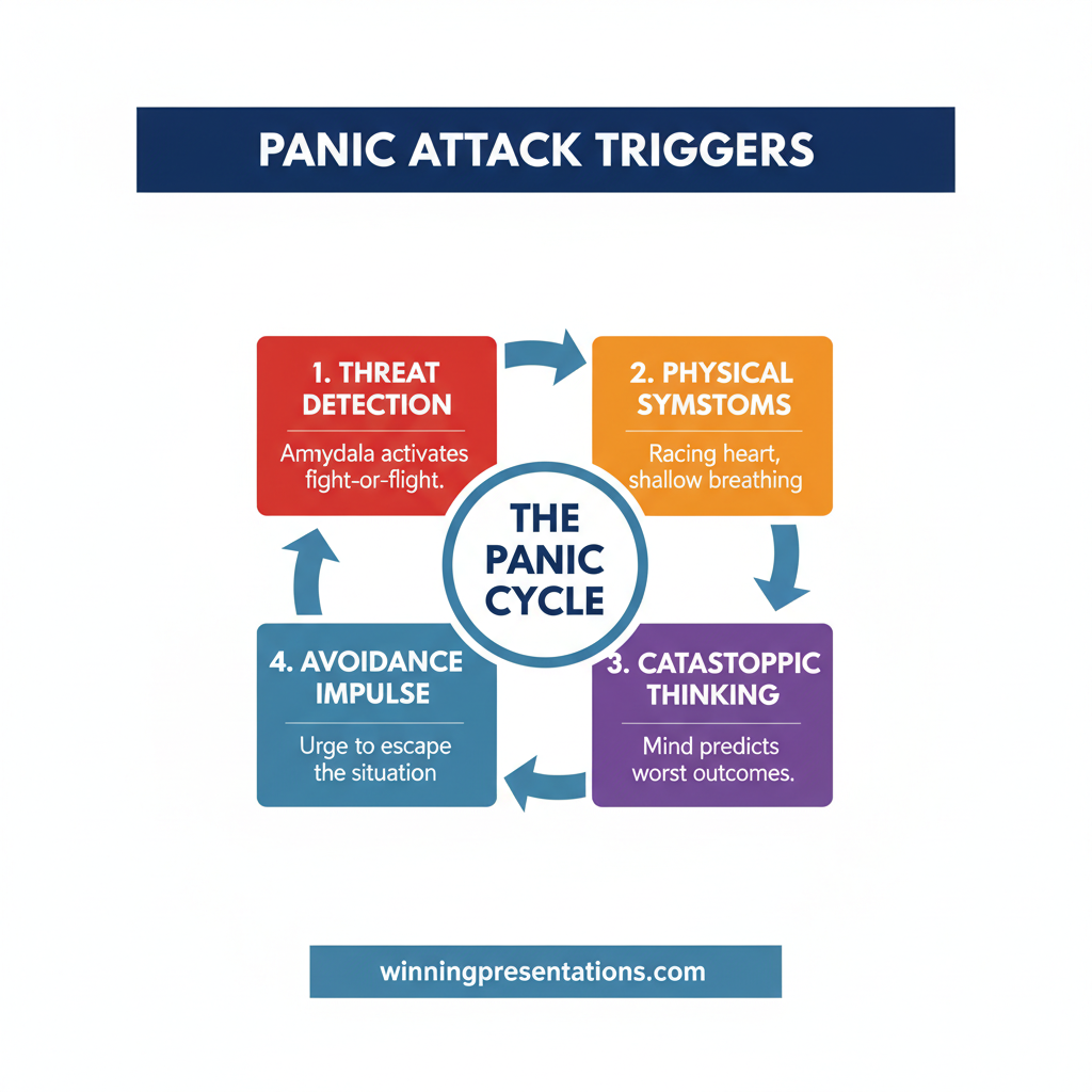 Infographic comparing the symptoms of normal presentation anxiety versus a full panic attack, showing escalation from mild nervousness through moderate anxiety to acute panic response with physical symptoms