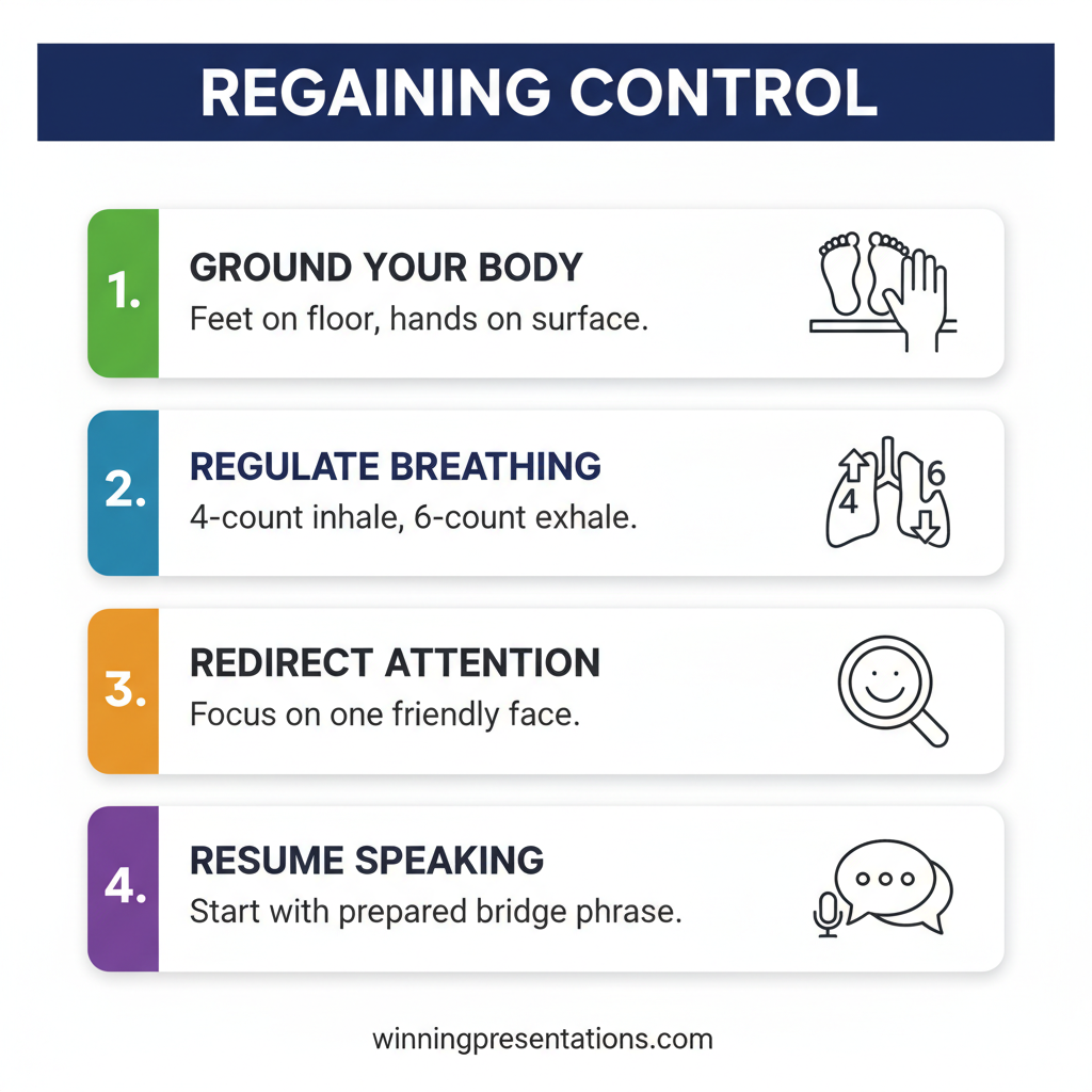 Infographic showing a five-step protocol for building long-term resilience against panic attacks during presentations, from nervous system regulation through graduated exposure to cognitive reframing