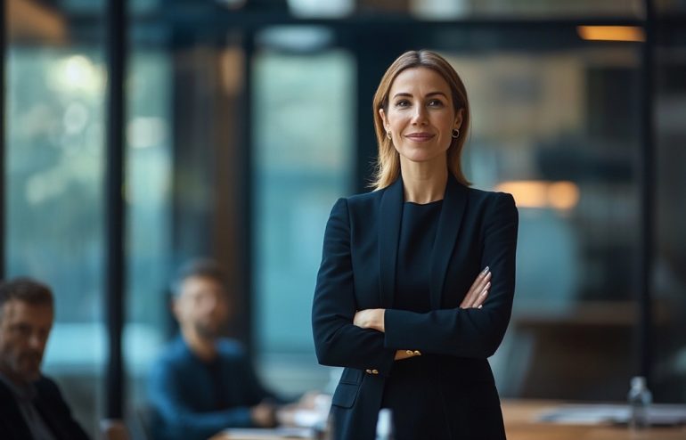 Executive presenter holding a deliberate pause mid-presentation, commanding the room with composed silence, boardroom setting, navy and gold tones, editorial photography style