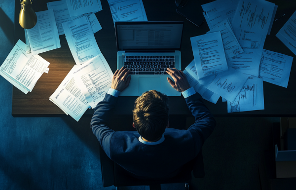Professional at a desk surrounded by multiple drafts and revision notes, showing the exhaustion of over-preparation
