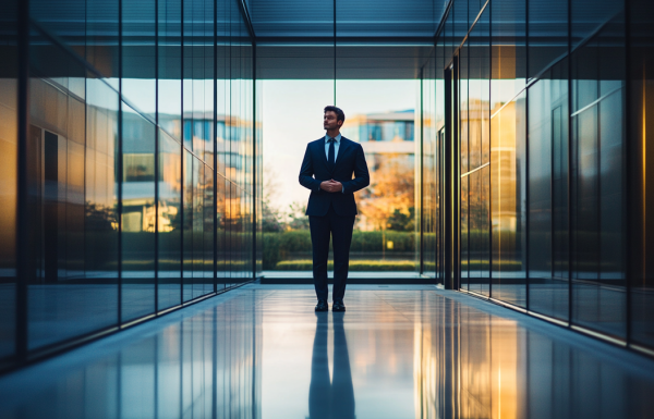 Executive preparing to present in corporate corridor using calming techniques before high-stakes boardroom presentation
