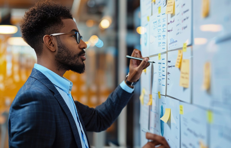 Executive mapping stakeholder names and influence dynamics on whiteboard before high-stakes presentation