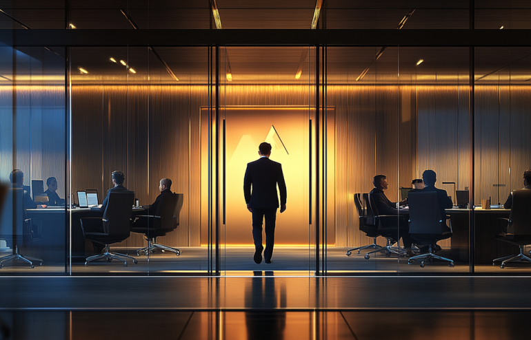 Executive walking into a boardroom where committee members have already made their decision, subtle body language showing predetermined outcome, navy and gold corporate aesthetic