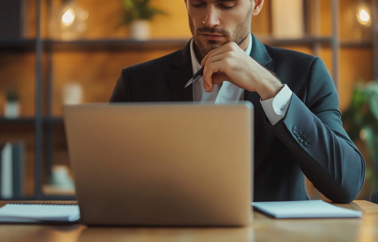 Executive professional in thoughtful planning pose with pen before opening laptop, demonstrating strategic presentation preparation order