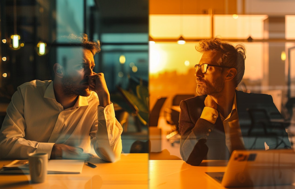 Split-screen of executive in boardroom — left side stressed with hand on forehead, right side composed and confident with glasses, warm golden lighting