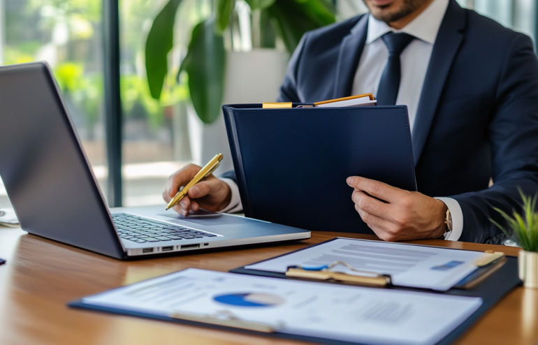Executive reviewing a structured question bank document before a presentation meeting