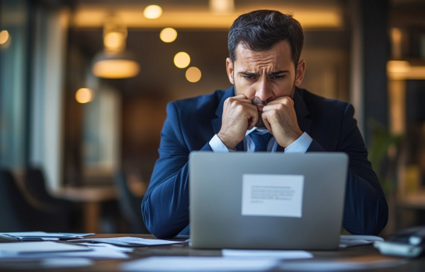 Executive processing presentation rejection feedback at laptop in modern office