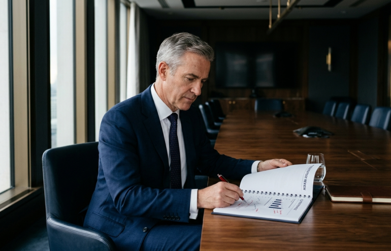 A businessman in a navy suit signs a spiral notebook at a long wooden conference table by large windows in a modern office.