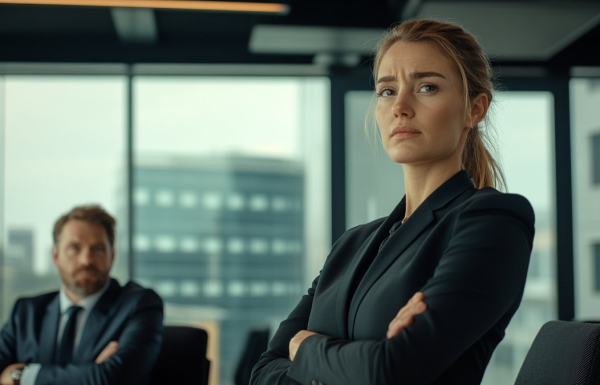 Executive woman standing with composed expression in boardroom while male colleague sits behind her with arms crossed — corporate presentation sabotage dynamics