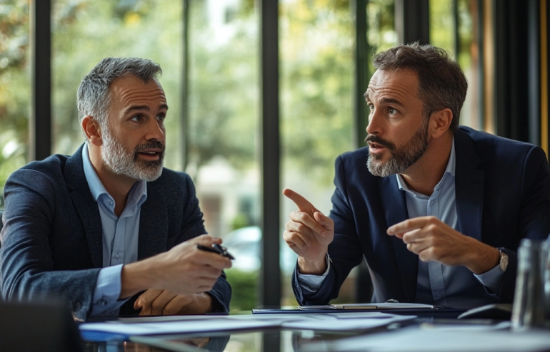 Senior male executive in a one-to-one coaching session with a presentation trainer, focused and engaged, navy and gold tones