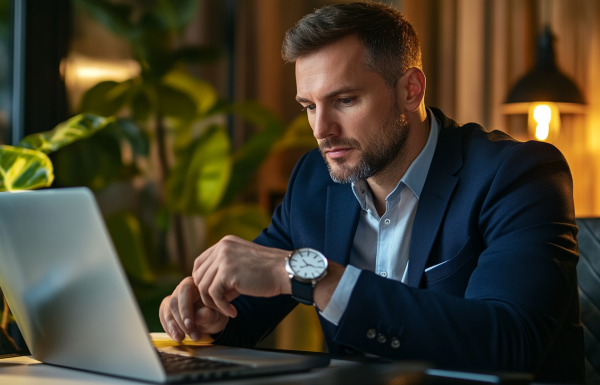 Confident business leader reviewing presentation on laptop with focused expression and minimal workspace