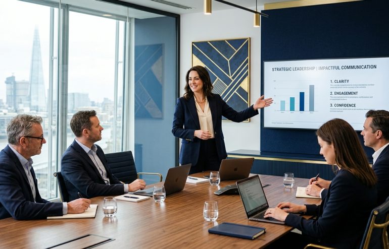 Female executive presenting to senior professionals in a modern London boardroom with structured slides on screen, demonstrating executive-level presentation skills training