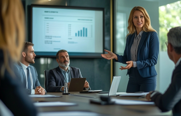 Female manager presenting a business case to senior leadership team, composed and authoritative, navy blazer, corporate boardroom