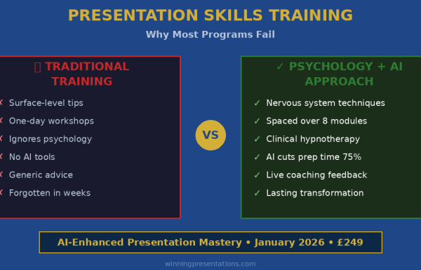 Presentation skills training comparison - traditional vs psychology and AI approach for lasting confidence