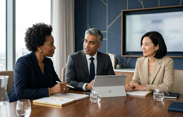Diverse small group of three senior executives gathered around a polished wooden meeting table in a modern executive learning environment, leaning slightly forward and engaged