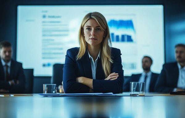 Female executive presenting to a sceptical boardroom, confident composed expression, navy boardroom setting