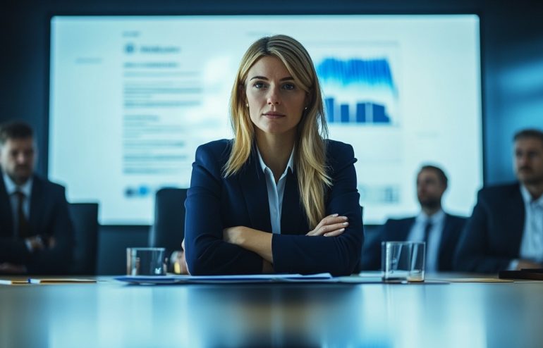 Female executive presenting to a sceptical boardroom, confident composed expression, navy boardroom setting