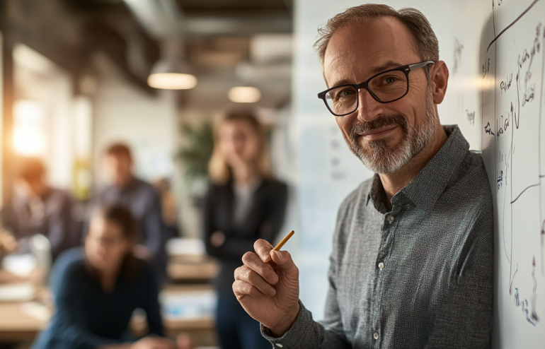 Professional man smiling confidently at whiteboard while explaining a framework to colleagues in modern office