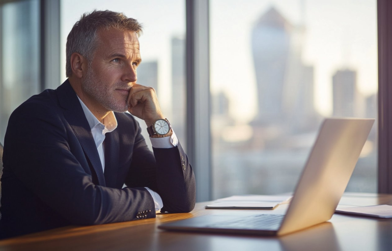 Professional man in a dark suit sits at a desk with a laptop, resting his chin on his hand and gazing out the window in a modern office.