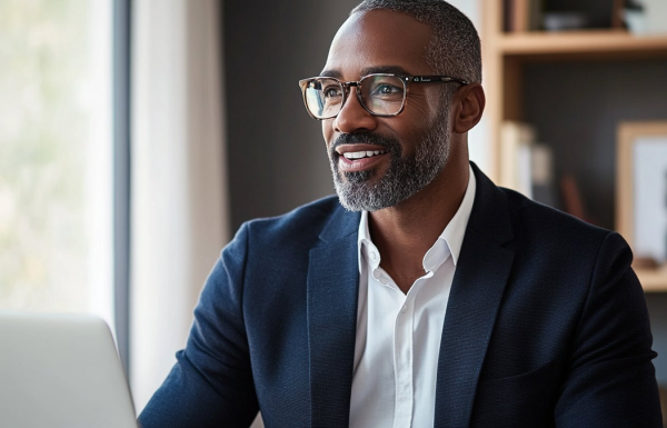 Smiling man with glasses and grey beard, wearing a navy blazer, working at a laptop.