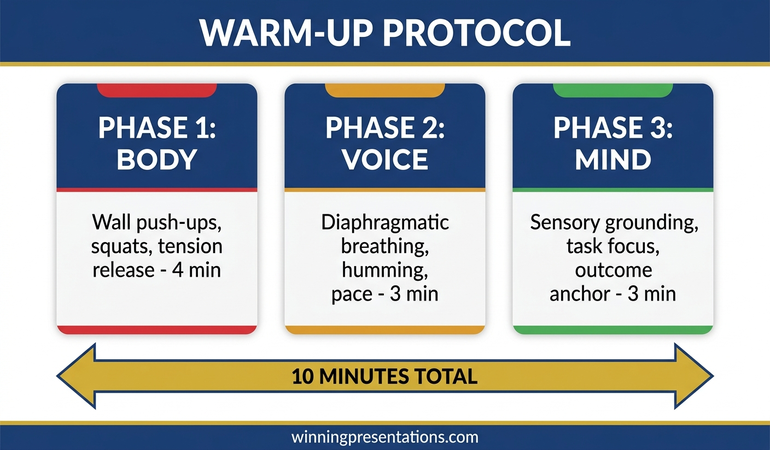 Three-phase presentation warm-up routine showing body activation, vocal preparation, and mental grounding with time allocations