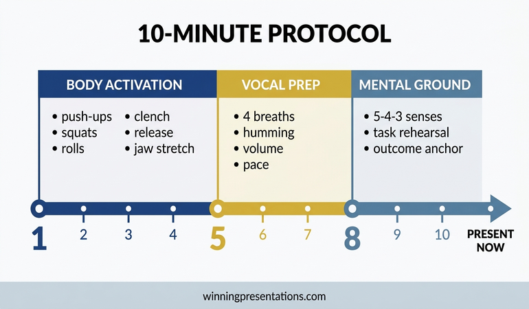 Complete 10-minute presentation warm-up protocol timeline showing body activation, vocal preparation, and mental grounding phases with specific exercises