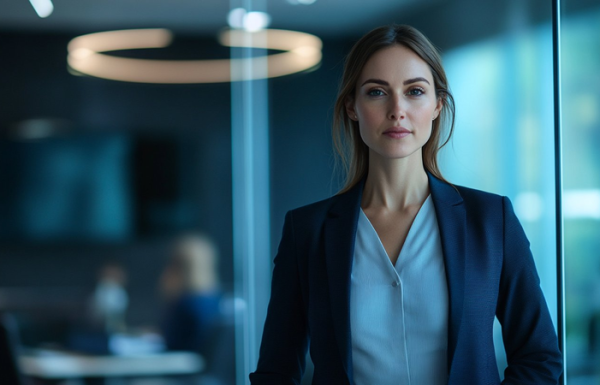 Professional woman in navy blazer standing outside glass-walled boardroom, composing herself before presenting to an unfamiliar executive team