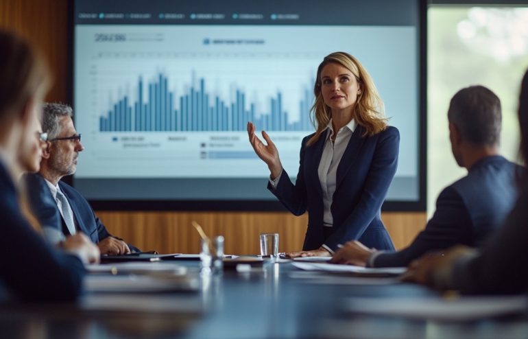Female executive presenting difficult financial results to a board, calm authoritative composure