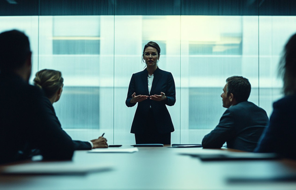 Professional woman standing alone presenting to a boardroom of seated sceptical executives — presenting when the room has already decided against you