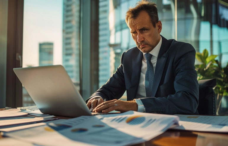 Executive reviewing inherited presentation slides and printed charts at desk, preparing to restructure someone else's deck for a corporate meeting