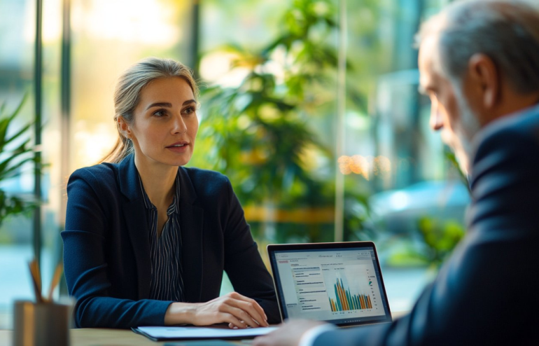 Professional woman in navy blazer presenting compensation data on laptop screen to senior male executive in glass-walled boardroom