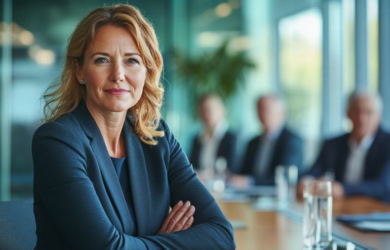 Professional woman presenting confidently to senior leadership in a boardroom, projecting calm authority