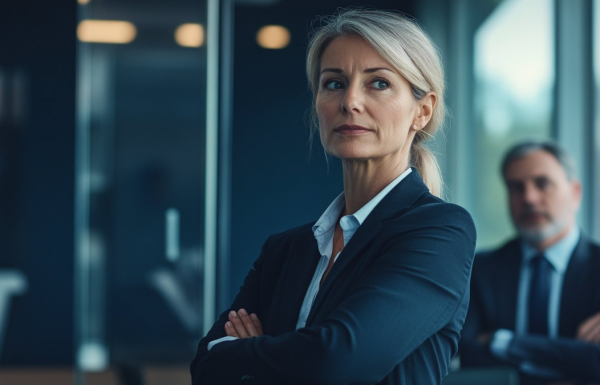 Blonde businesswoman in a navy blazer with arms crossed in a modern office; a male colleague appears blurred in the background.