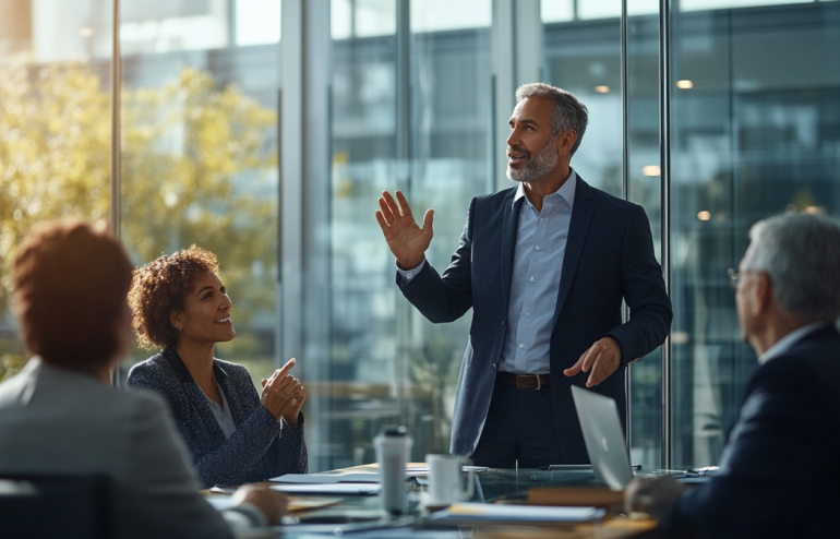 Executive standing confidently in a modern boardroom presenting without any slides or screen behind them, speaking directly to a small group of senior leaders with full eye contact, navy and gold corporate aesthetic