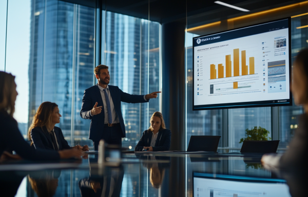 Professional presenting value-first procurement pitch in modern corporate boardroom with procurement panel evaluating vendor presentation