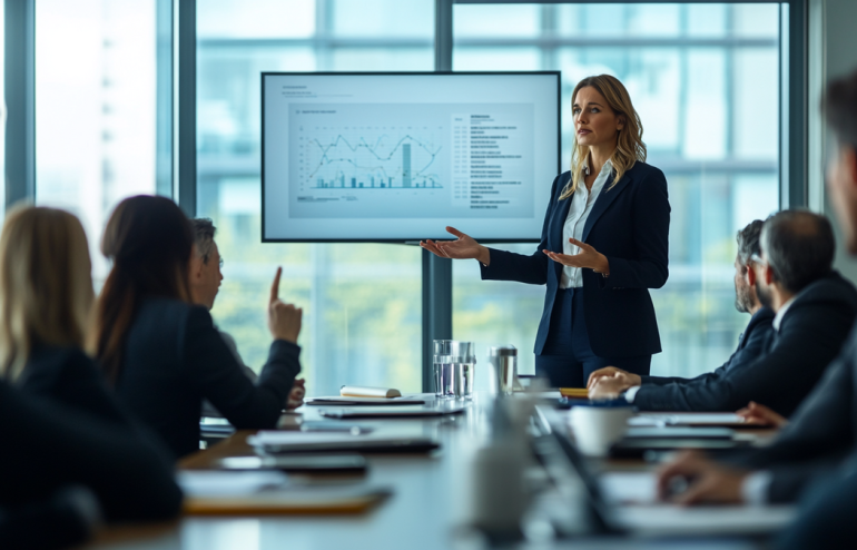 Executive presenting crisis communication plan to board during an urgent product recall meeting