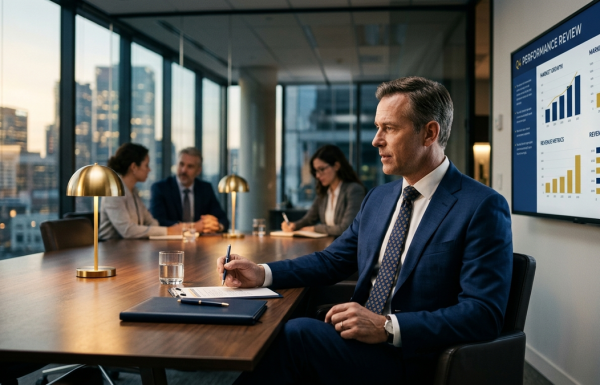 Senior executive reviewing a professional presentation deck on a large monitor in a modern glass-walled boardroom
