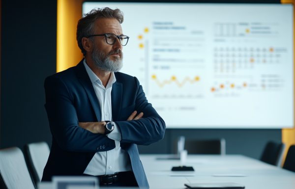 Executive at whiteboard or conference table with project timeline on screen in background, calm authoritative demeanour, navy and gold accents, professional corporate setting