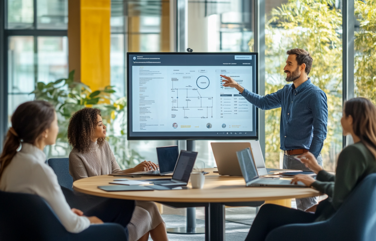 Project kickoff meeting with team gathered around a presentation screen showing a clear project timeline