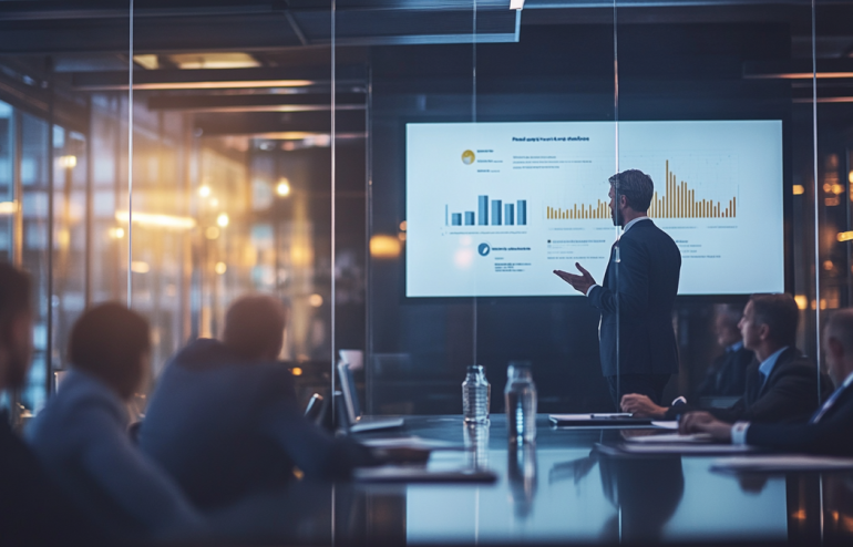 Executive presenting confidently in a glass-walled boardroom, screen behind showing clean structured slide with key metrics, senior leaders listening attentively