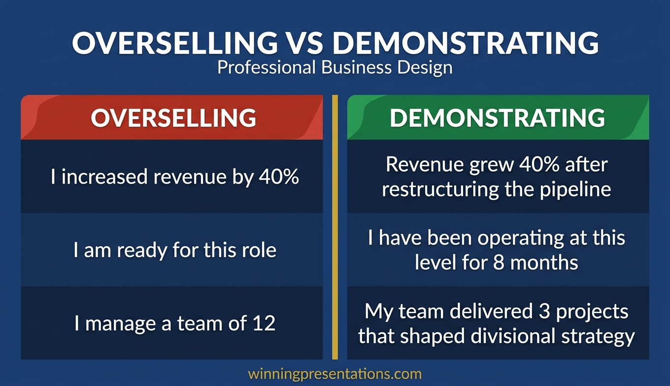 Comparison infographic showing self-promotional framing versus leadership framing when presenting to a promotion panel