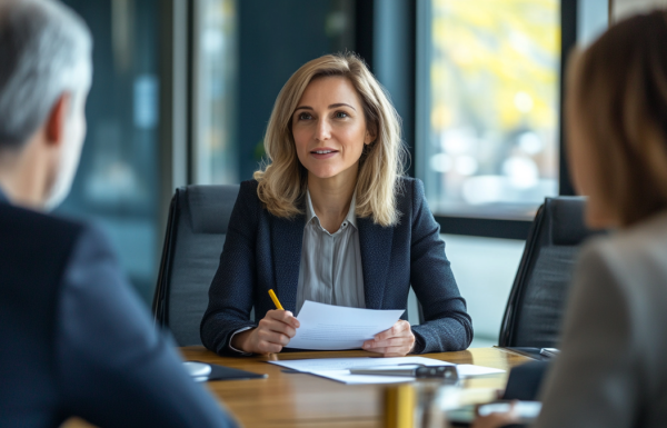 Senior female executive presenting her career case to two board-level leaders in a polished boardroom, composed and authoritative, navy tones, editorial photography style