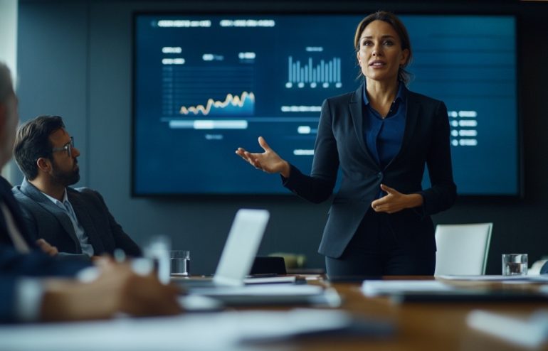 Female executive presenting proof-of-concept results to an investment committee in a corporate boardroom, data charts on screen, composed and authoritative, navy and gold tones, editorial photography style