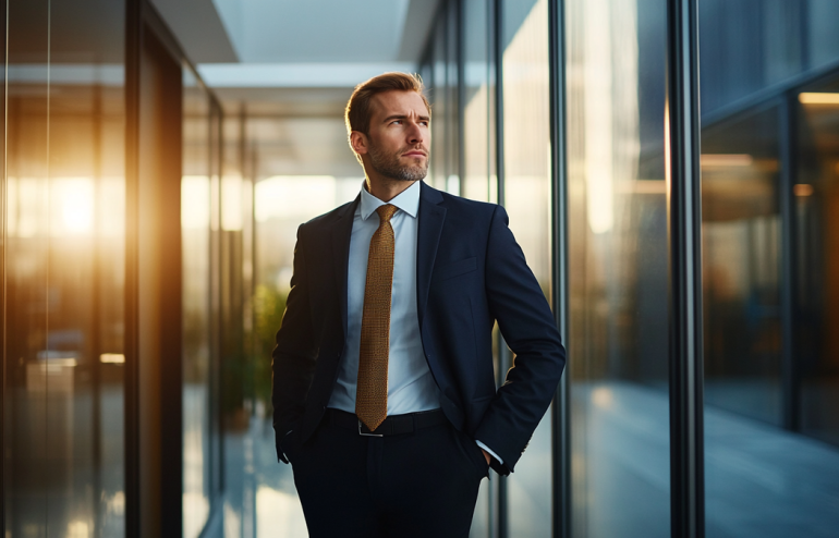 Executive standing alone outside a boardroom, hand on glass wall, composed exterior masking visible tension, navy and gold accents