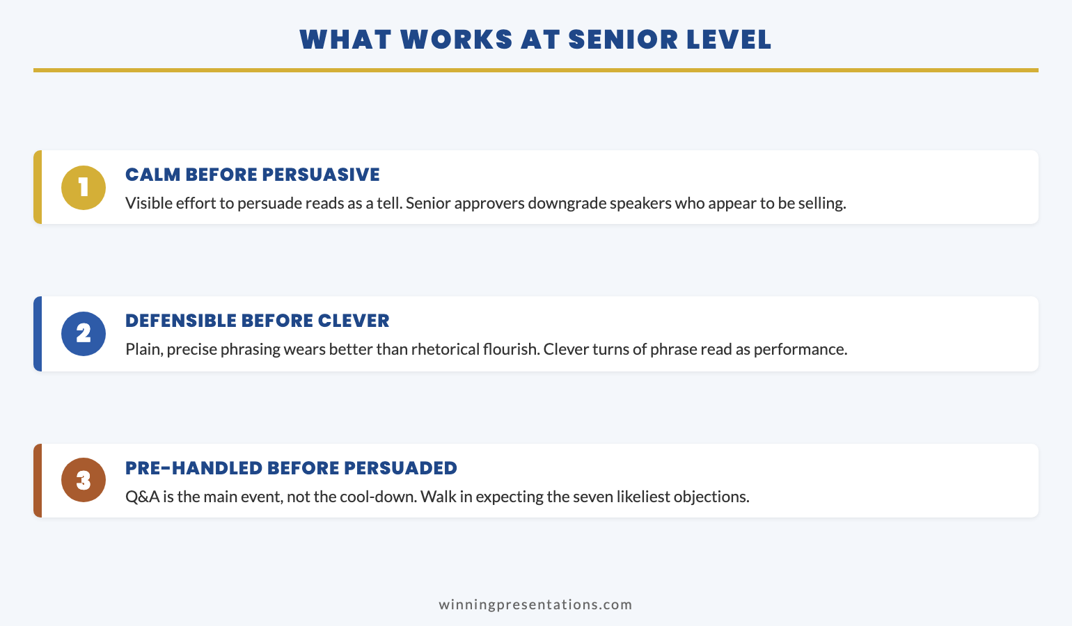 Three patterns that work in senior public speaking infographic showing calm before persuasive, defensible before clever, and pre-handled before persuaded as ordered disciplines