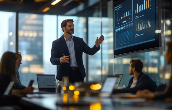 Executive presenting Q2 planning slides in a modern boardroom with quarterly targets displayed on screen
